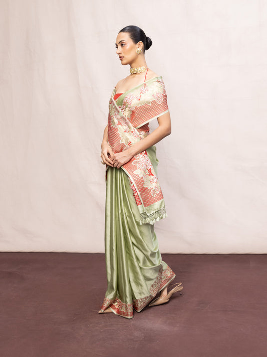 Handwoven Pistachio Green Silk Banarasi Saree