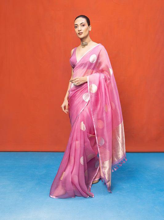 Handwoven Coral Pink Kora Banarasi Saree