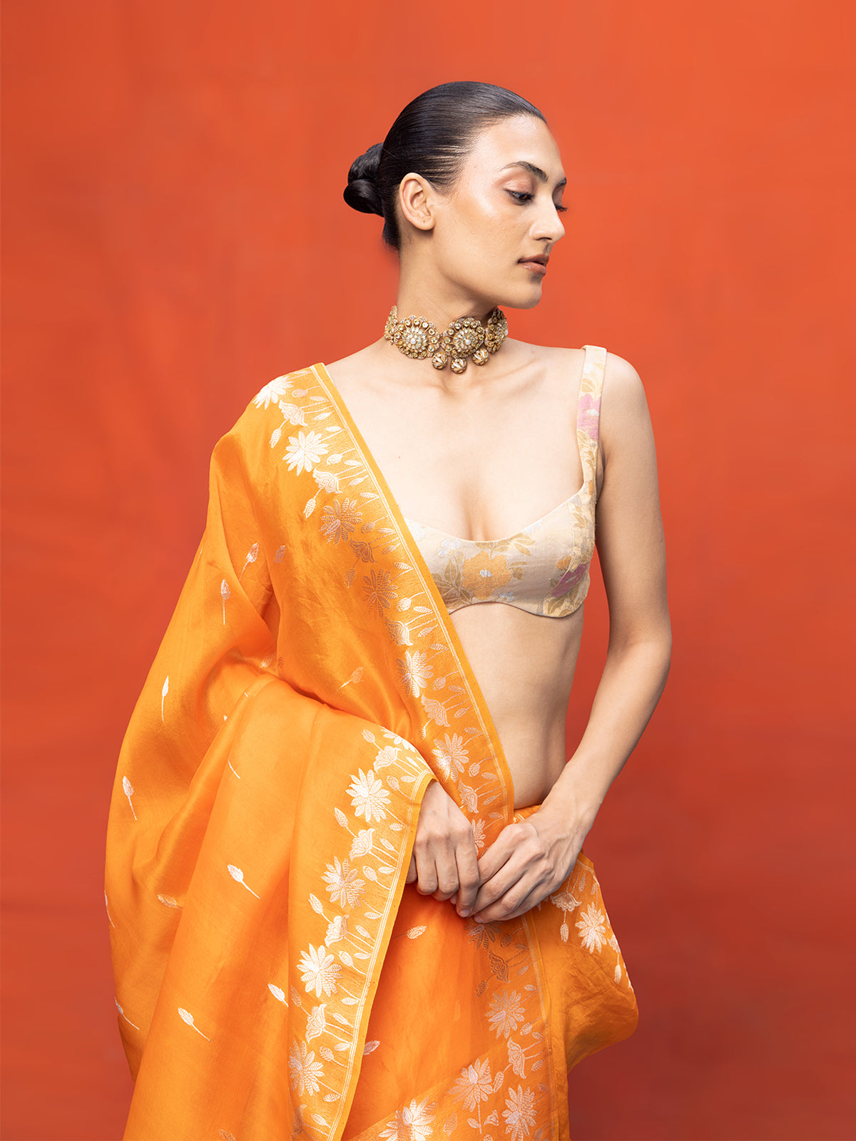 Handwoven Orange Kora Banarasi Saree
