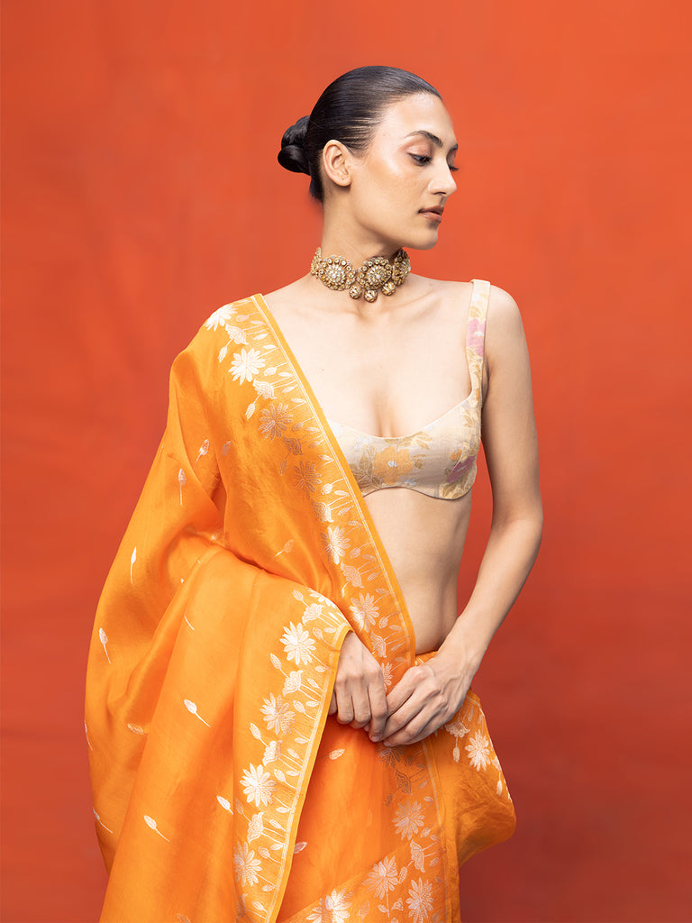 Handwoven Orange Kora Banarasi Saree