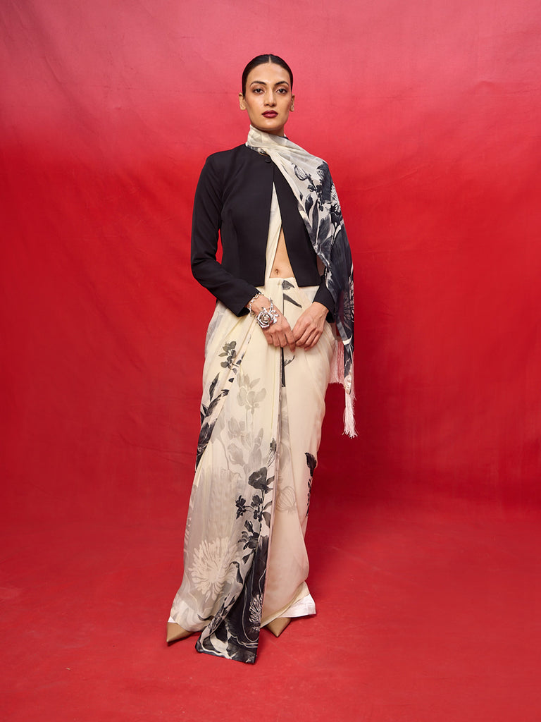 Black & White Chiffon Digital Print Saree
