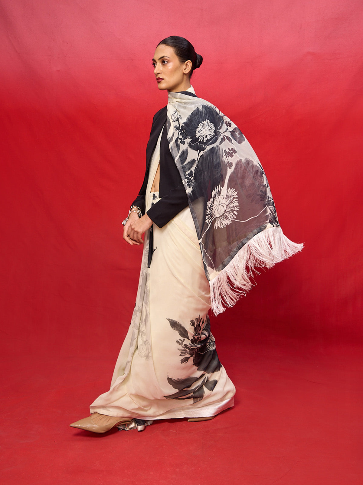 Black & White Chiffon Digital Print Saree
