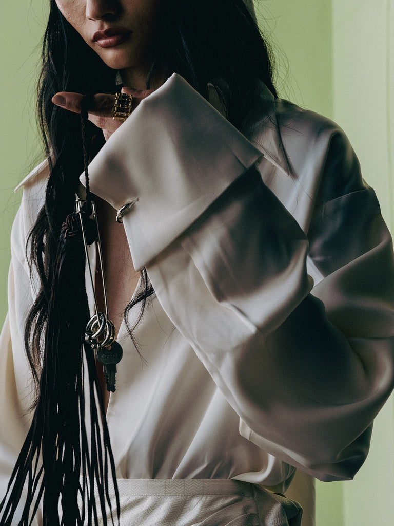 CREAM DEEP NECK SHIRT