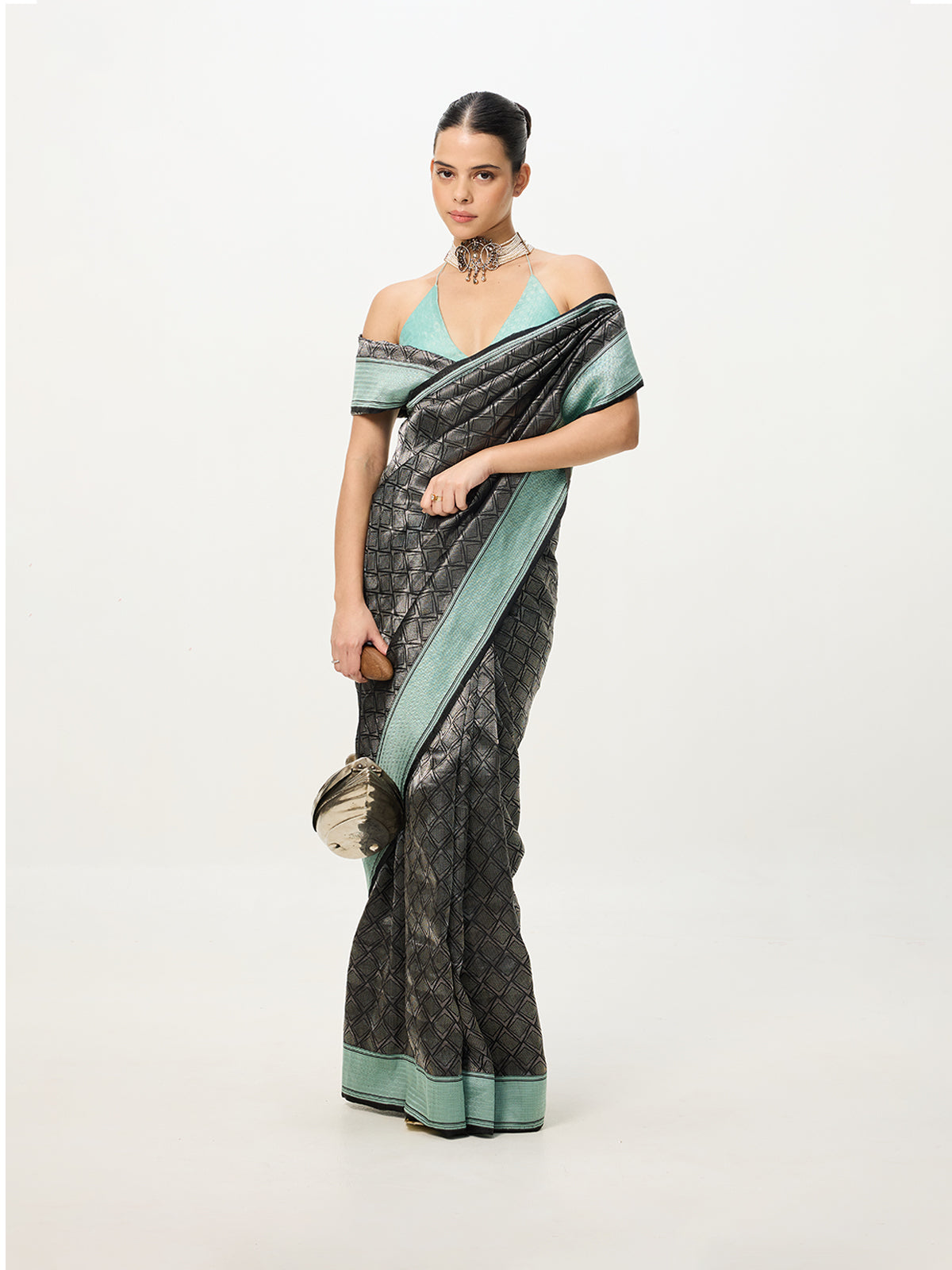 Handwoven Black & Blue Banarasi Emboss Saree