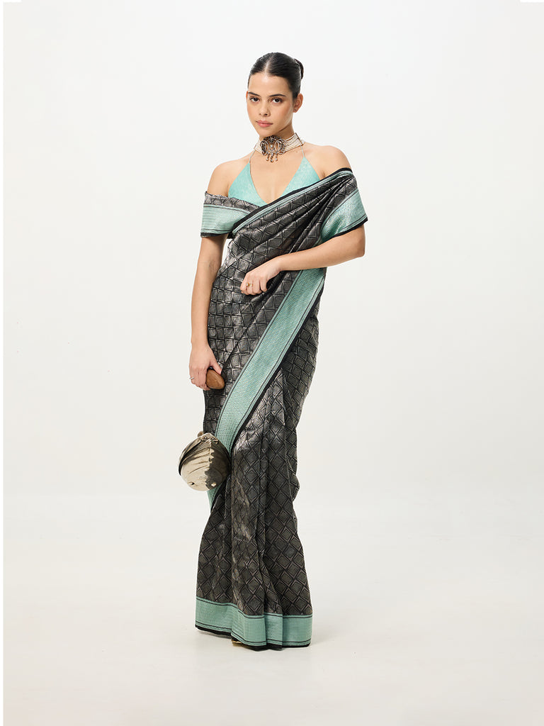Handwoven Black & Blue Banarasi Emboss Saree