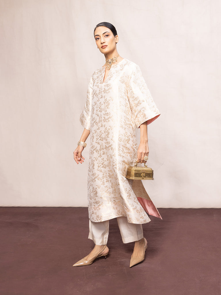 Handwoven Ecru Silk Banarasi Kurta Set