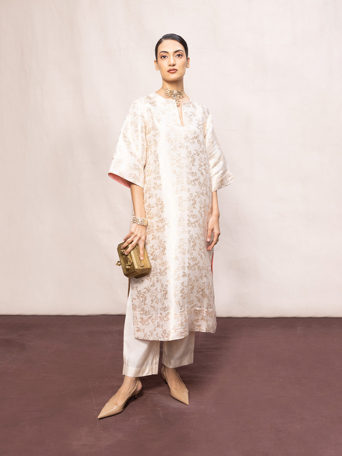 Handwoven Ecru Silk Banarasi Kurta Set