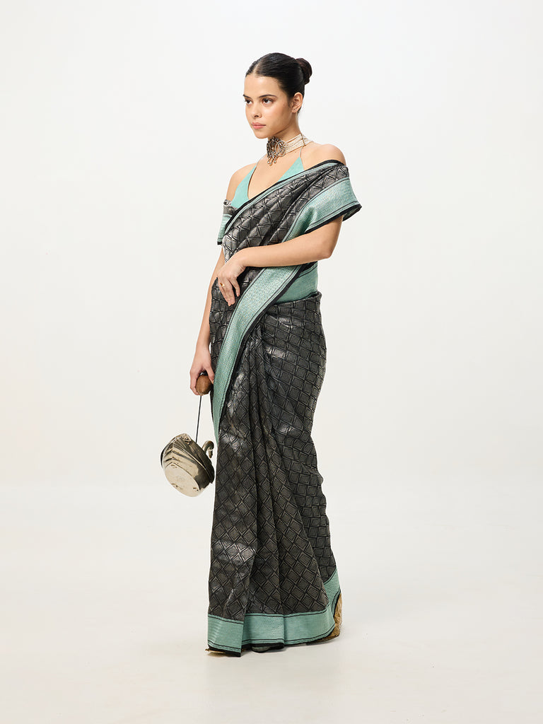 Handwoven Black & Blue Banarasi Emboss Saree