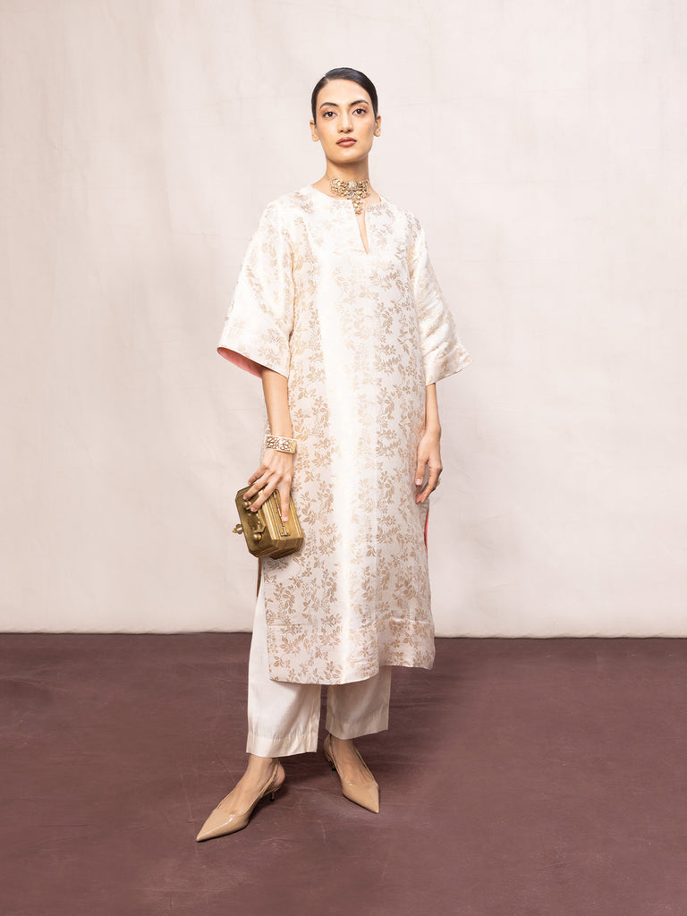 Handwoven Ecru Silk Banarasi Kurta Set