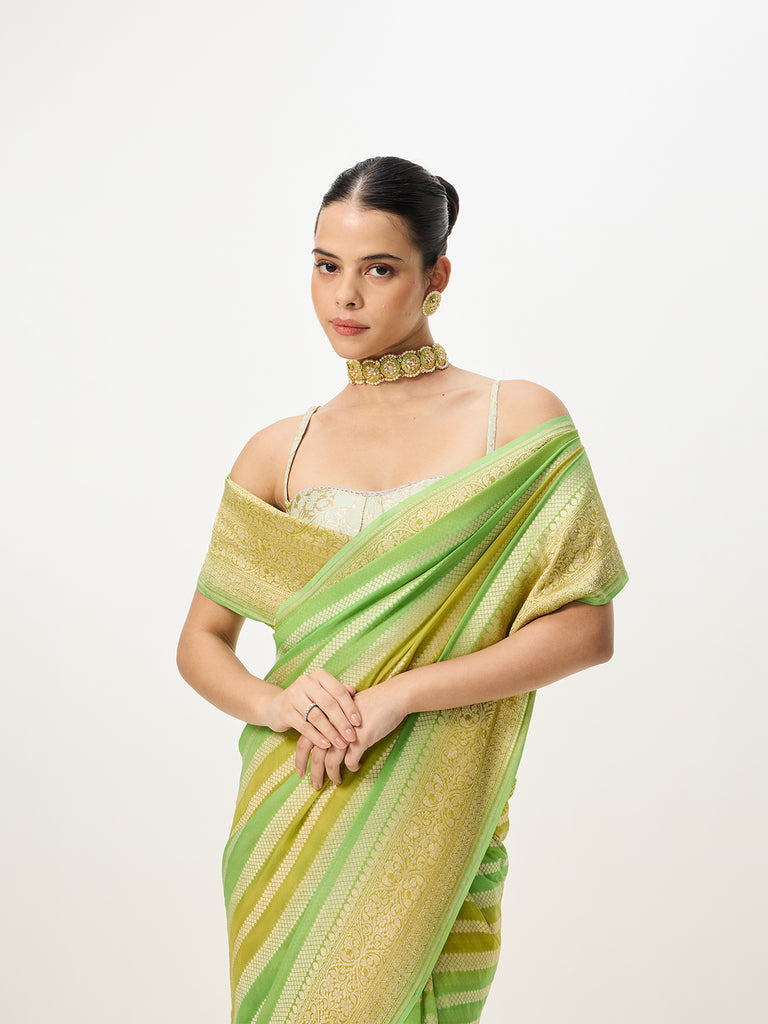 Handwoven Green & Yellow Ombré Cutwork Banarasi Saree