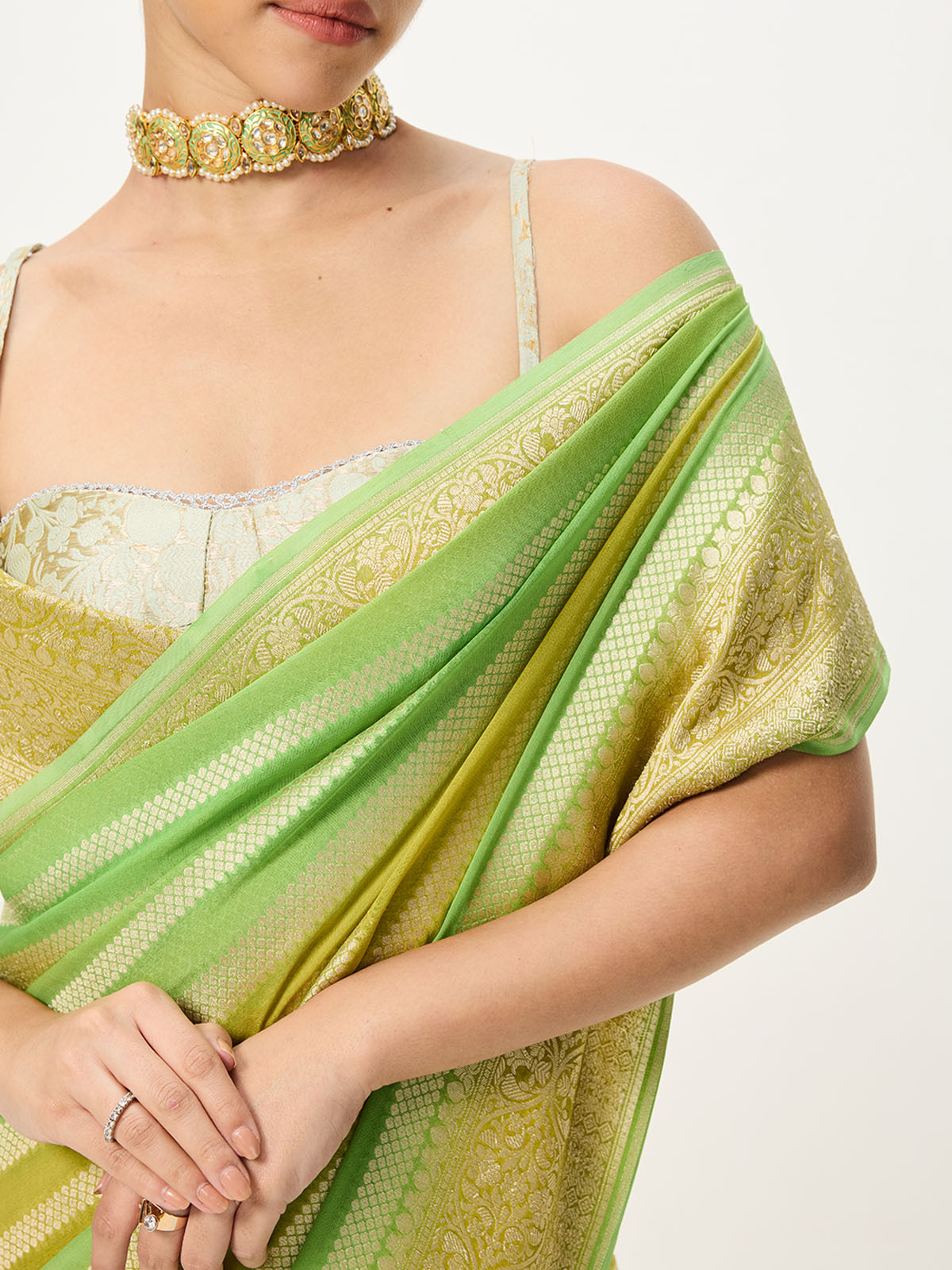 Handwoven Green & Yellow Ombré Cutwork Banarasi Saree