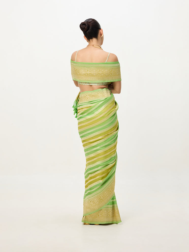 Handwoven Green & Yellow Ombré Cutwork Banarasi Saree