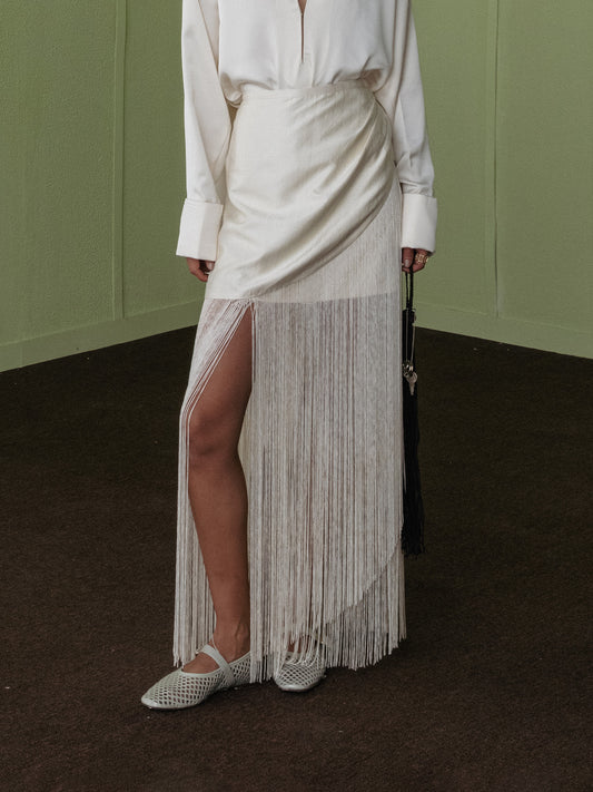 CREAM FRINGE SKIRT