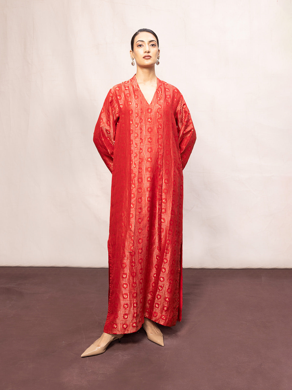 Handwoven Red Silk Embossed Kaftan