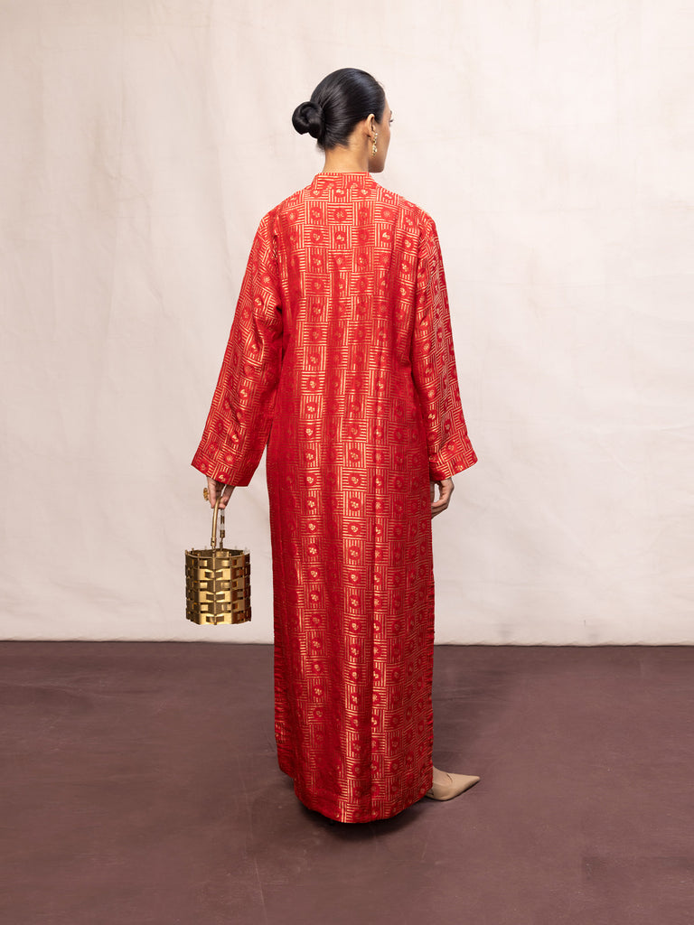 Handwoven Red Silk Embossed Kaftan