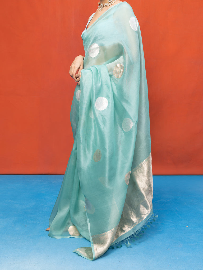 Handwoven Sea Green Kora Banarasi Saree