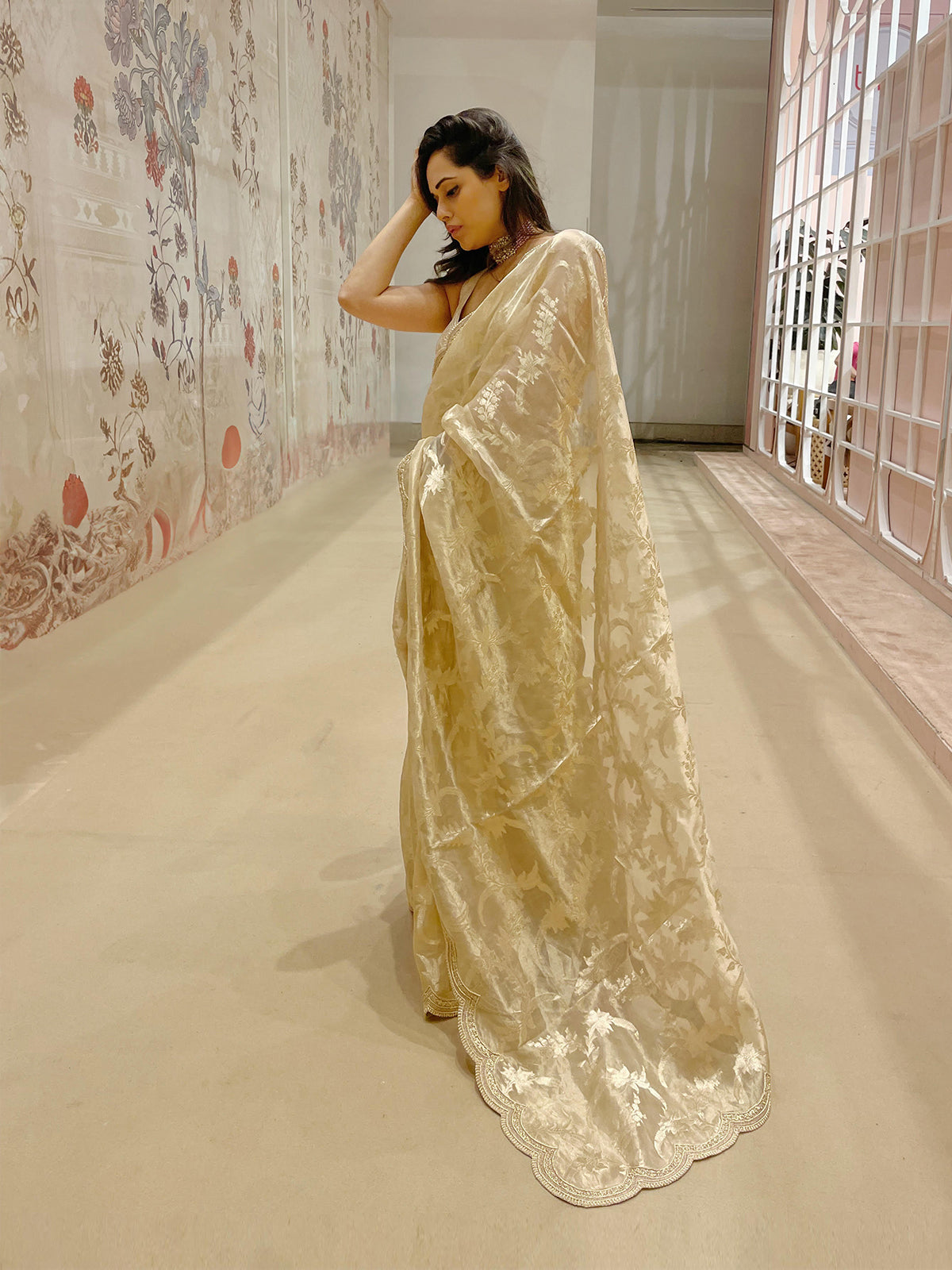 Handwoven Beige Tissue Saree