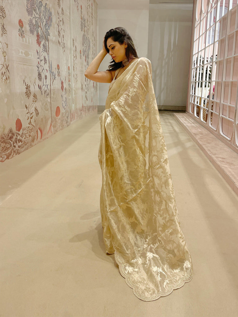 Handwoven Beige Tissue Saree