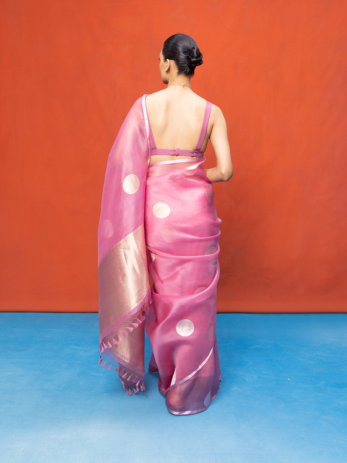 Handwoven Coral Pink Kora Banarasi Saree