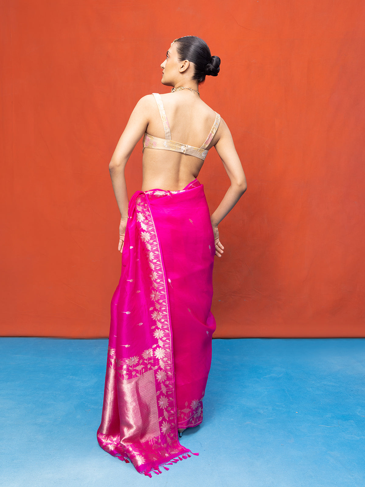 Handwoven Fuchsia Kora Banarasi Saree