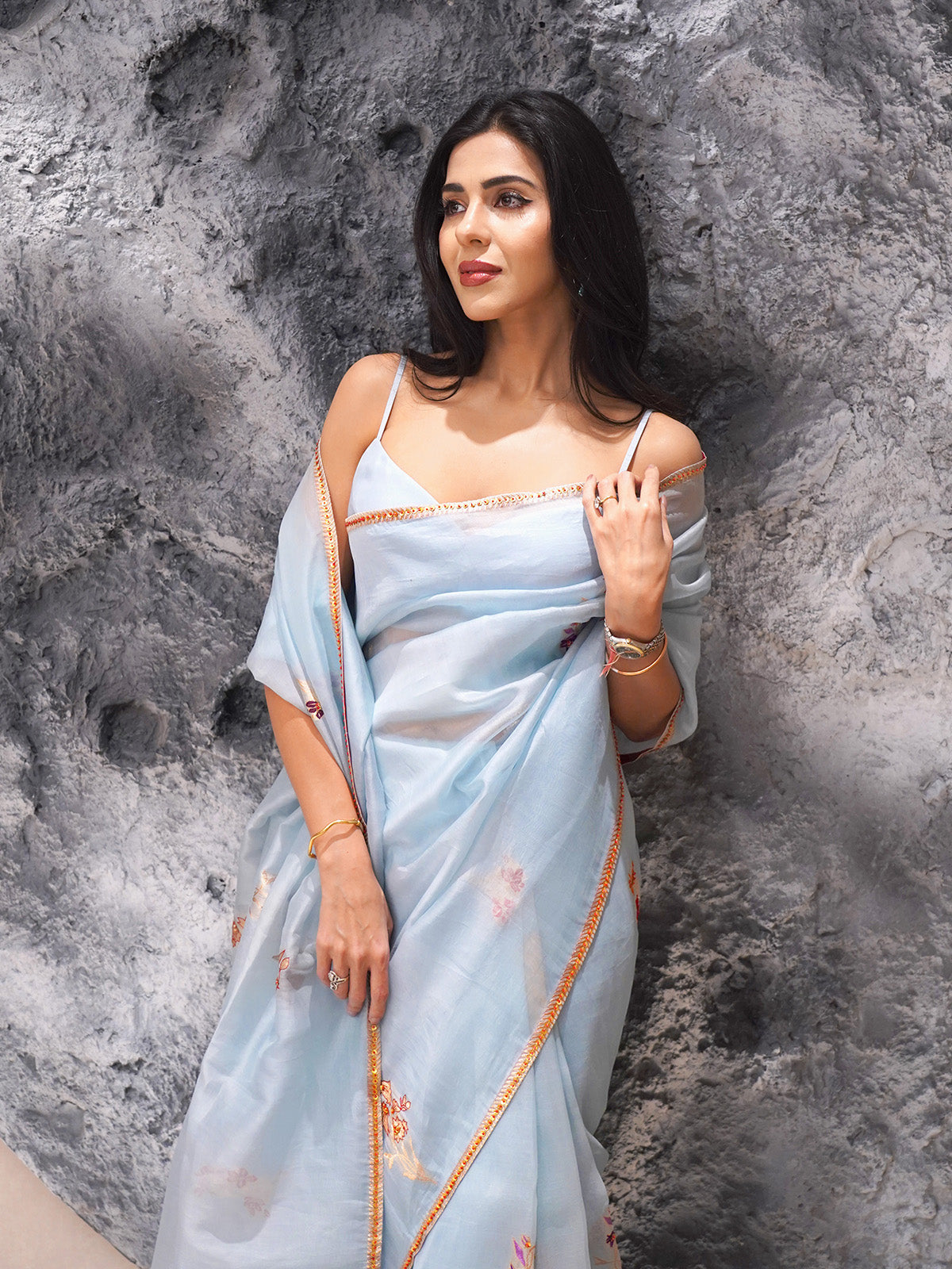 Handwoven Ice Blue Organza Banarasi Saree
