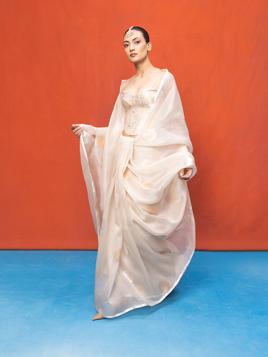 Handwoven Off-White Kora Banarasi Saree
