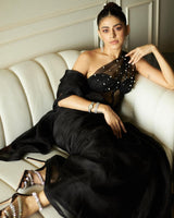 Alaya F In Handwoven Charcoal Black Organza Saree