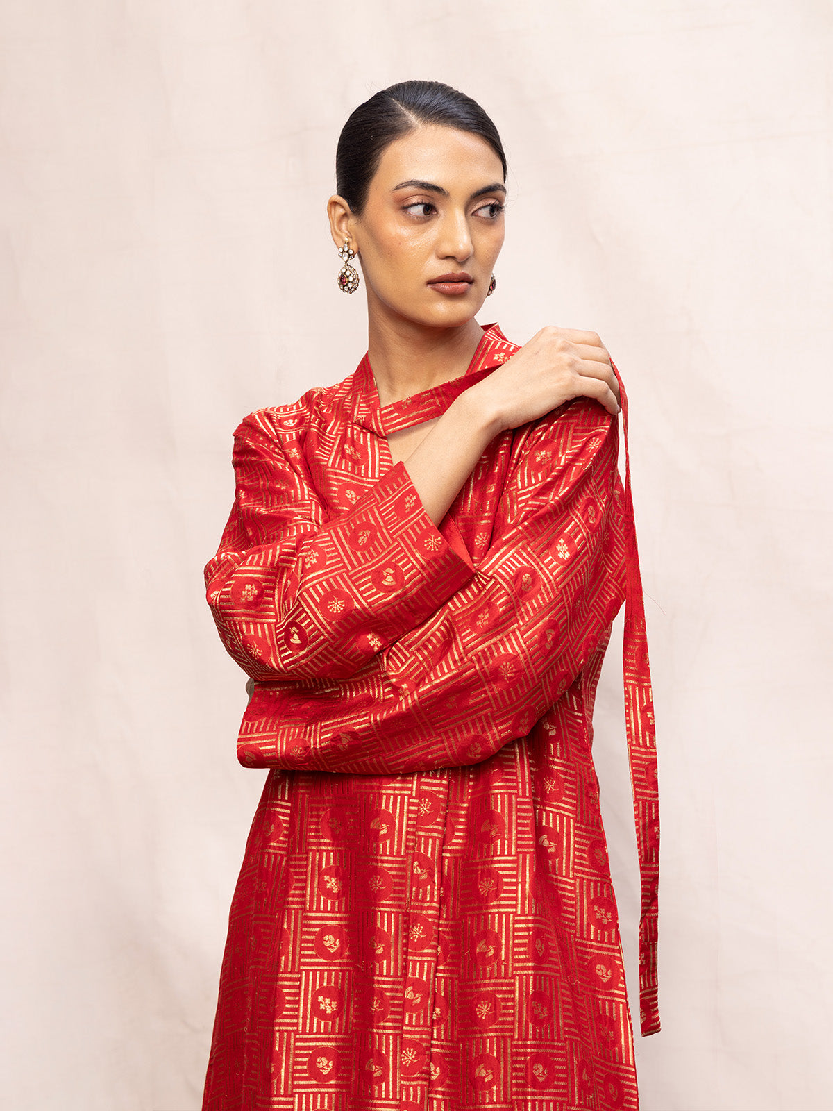 Handwoven Red Silk Embossed Kaftan