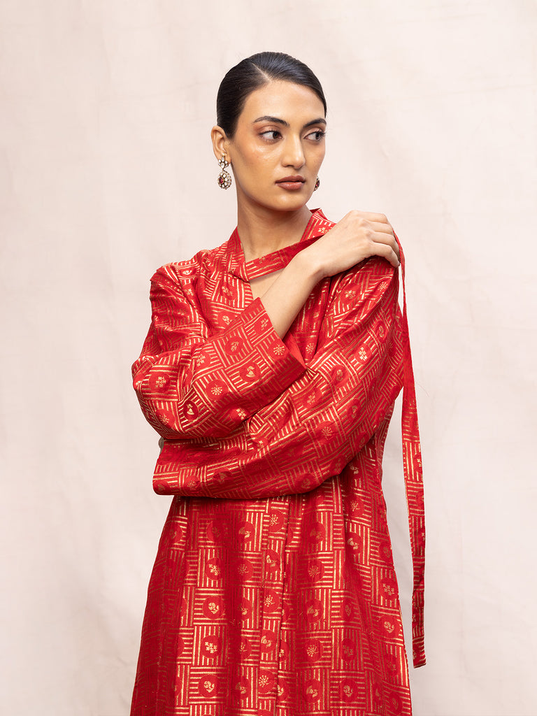 Handwoven Red Silk Embossed Kaftan