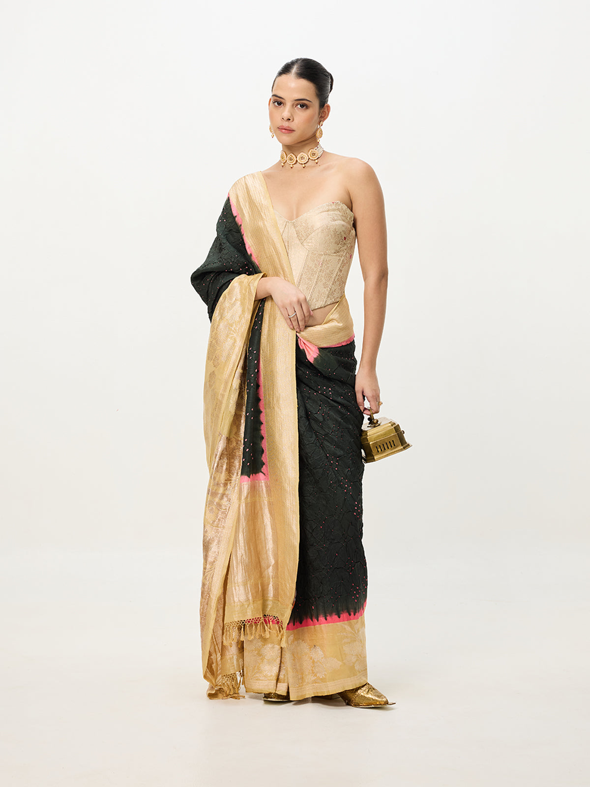 Handwoven Dark Olive & Beige Bandhani Saree