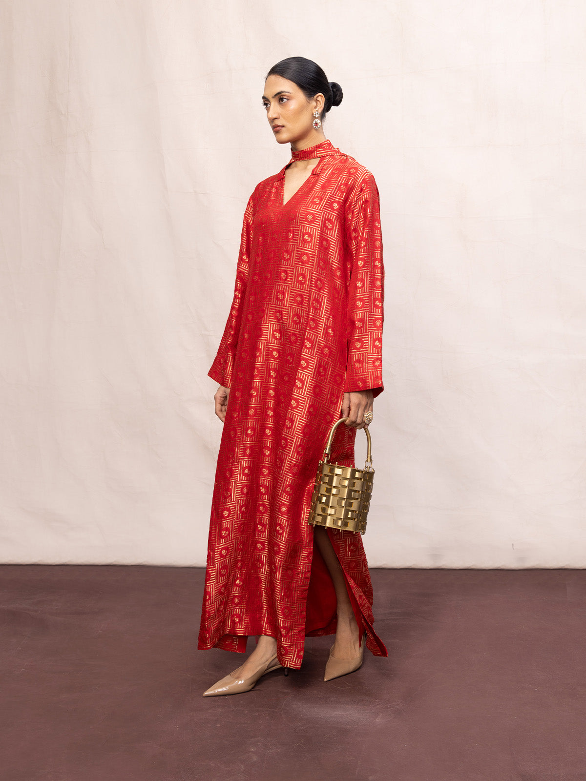 Handwoven Red Silk Embossed Kaftan
