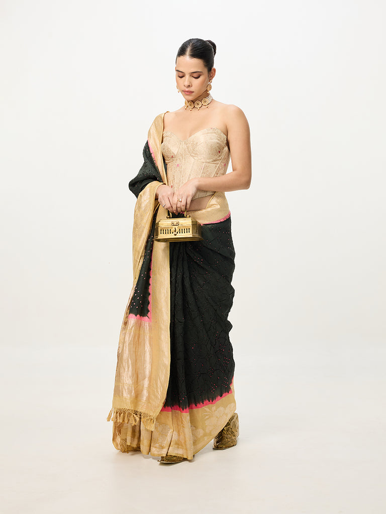 Handwoven Dark Olive & Beige Bandhani Saree