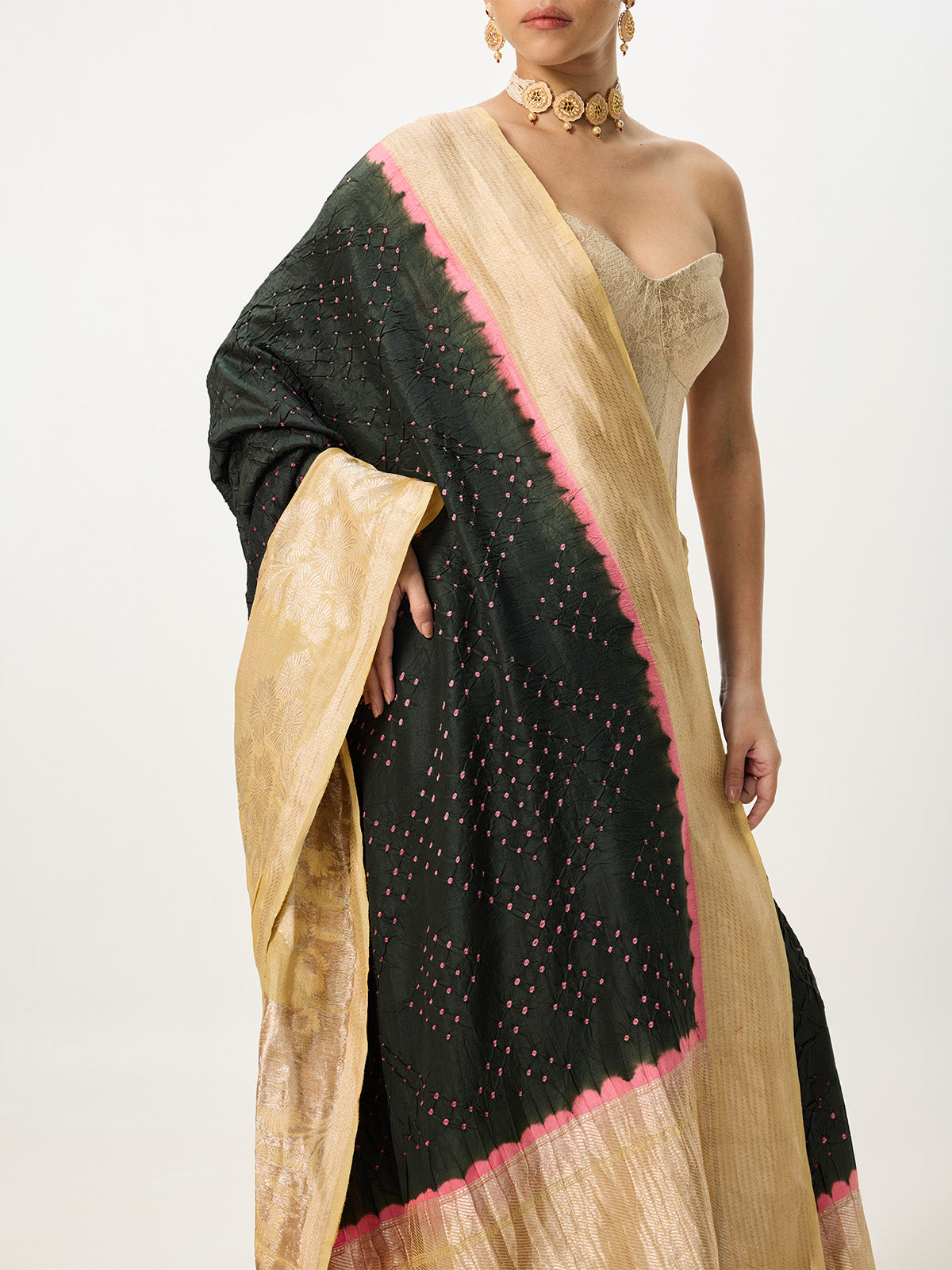 Handwoven Dark Olive & Beige Bandhani Saree