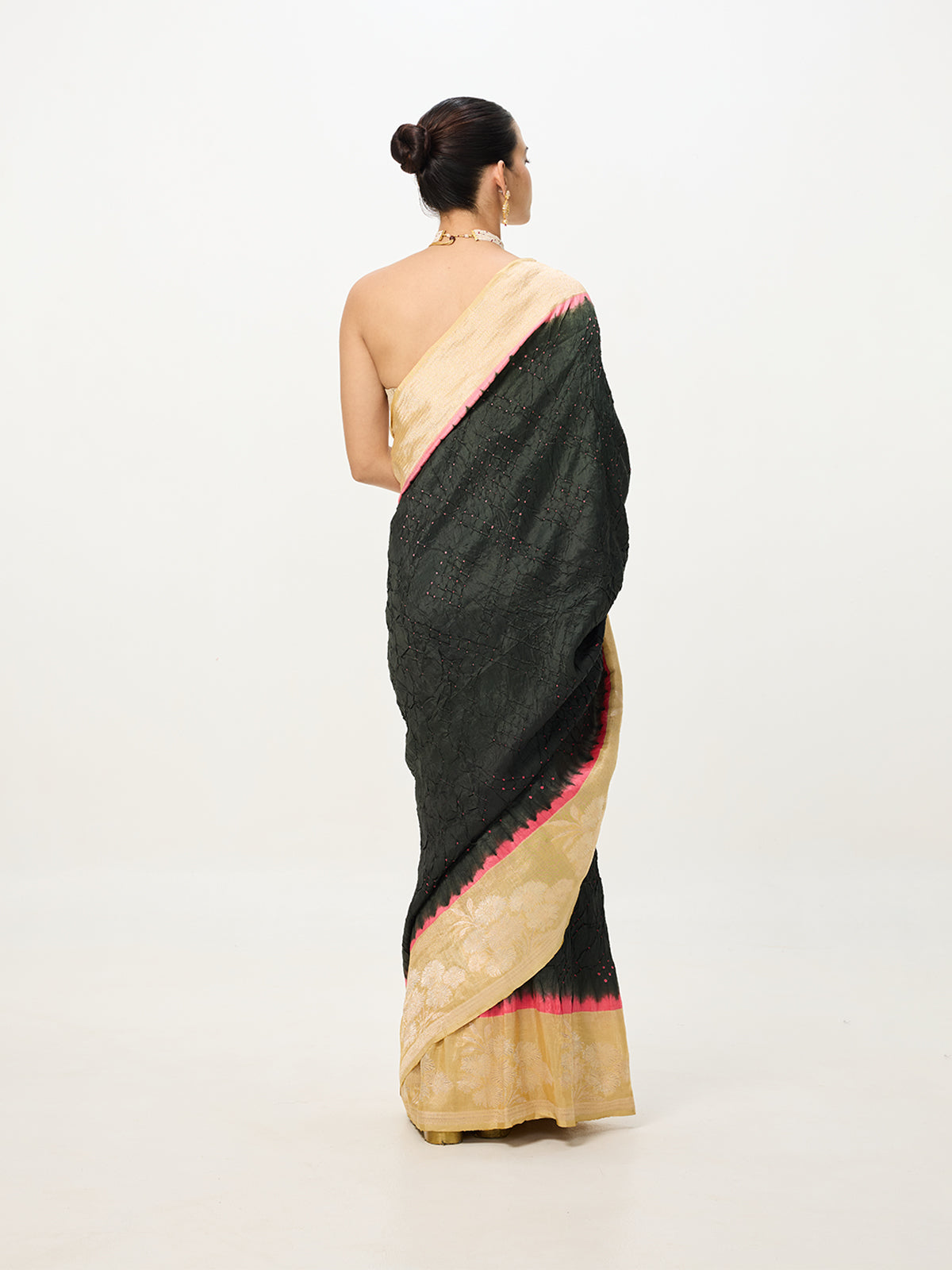Handwoven Dark Olive & Beige Bandhani Saree
