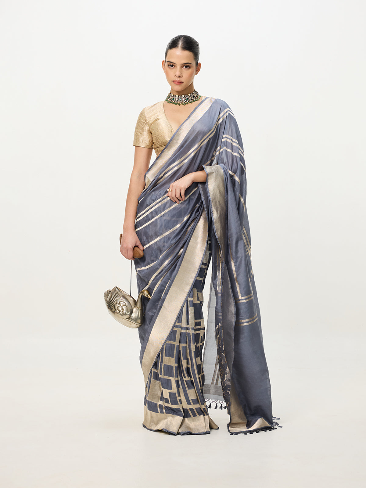 Handwoven Grey & Gold Cutwork Banarasi Saree