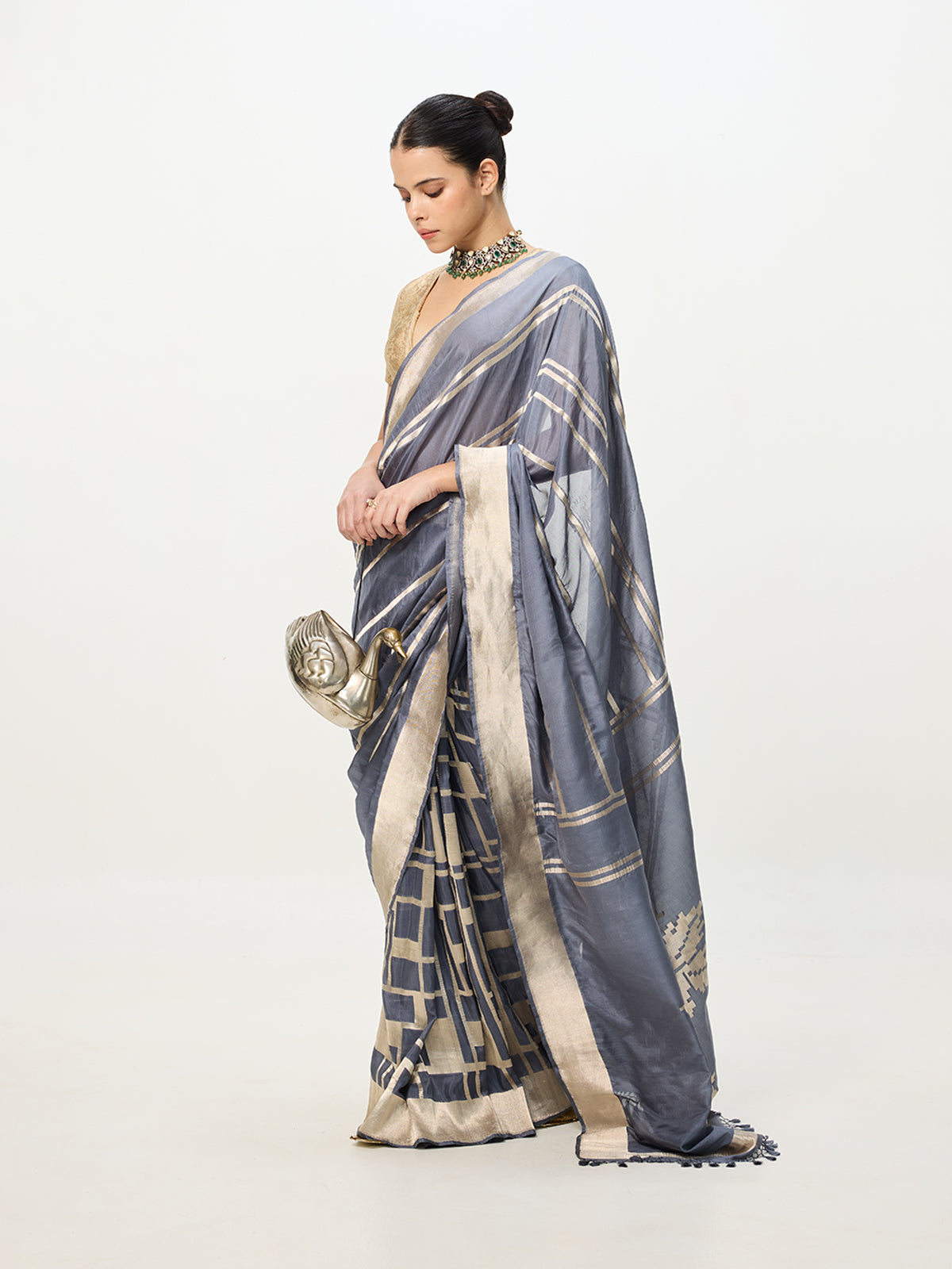 Handwoven Grey & Gold Cutwork Banarasi Saree