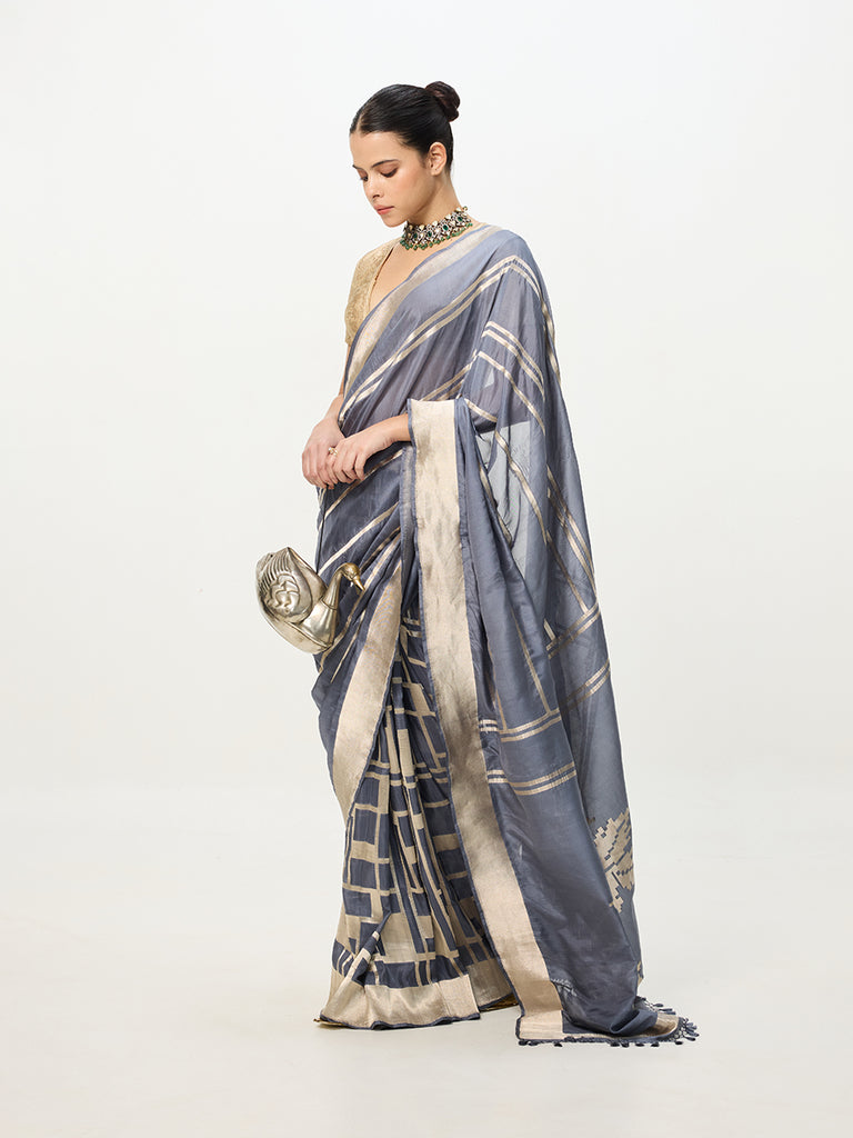 Handwoven Grey & Gold Cutwork Banarasi Saree