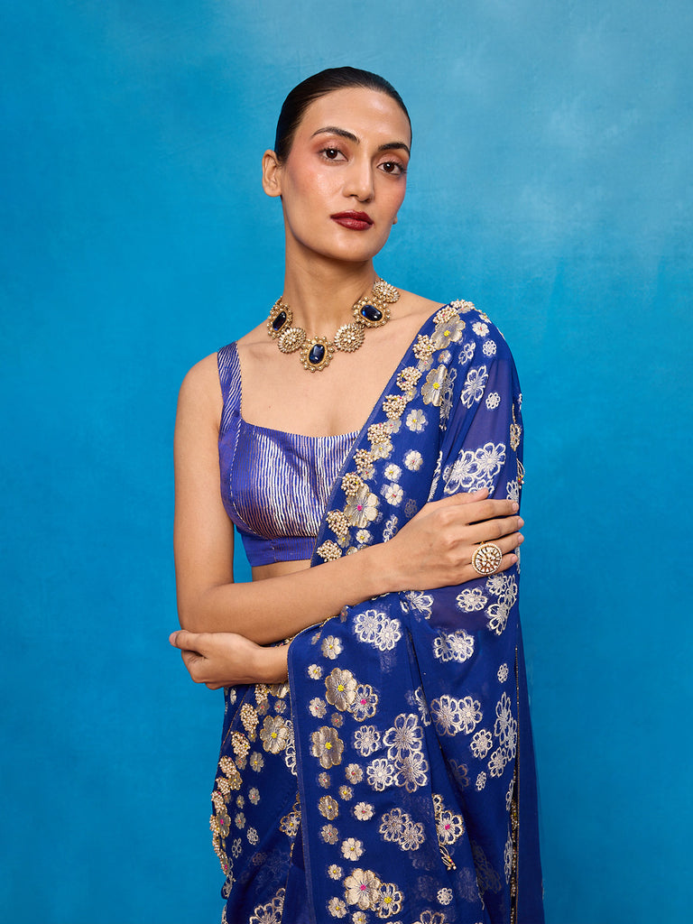 Handwoven Royal Blue Chiffon Banarasi Saree