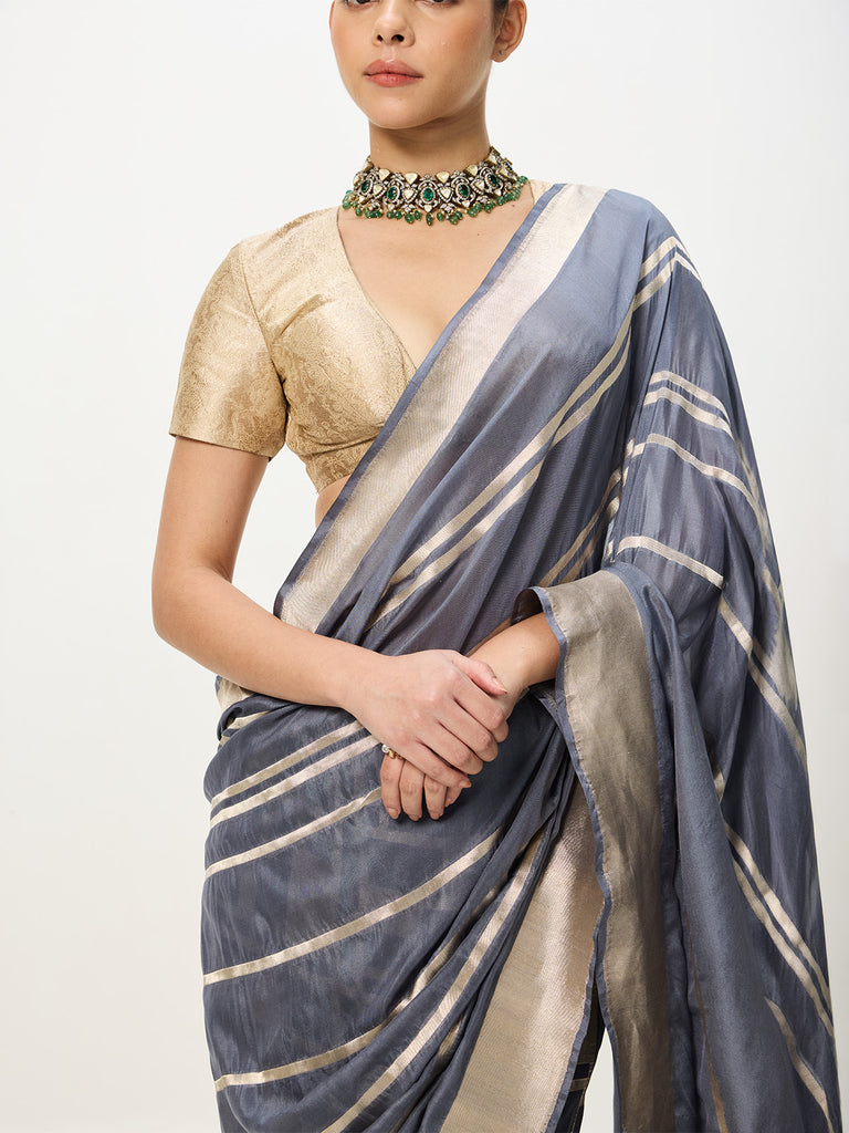 Handwoven Grey & Gold Cutwork Banarasi Saree