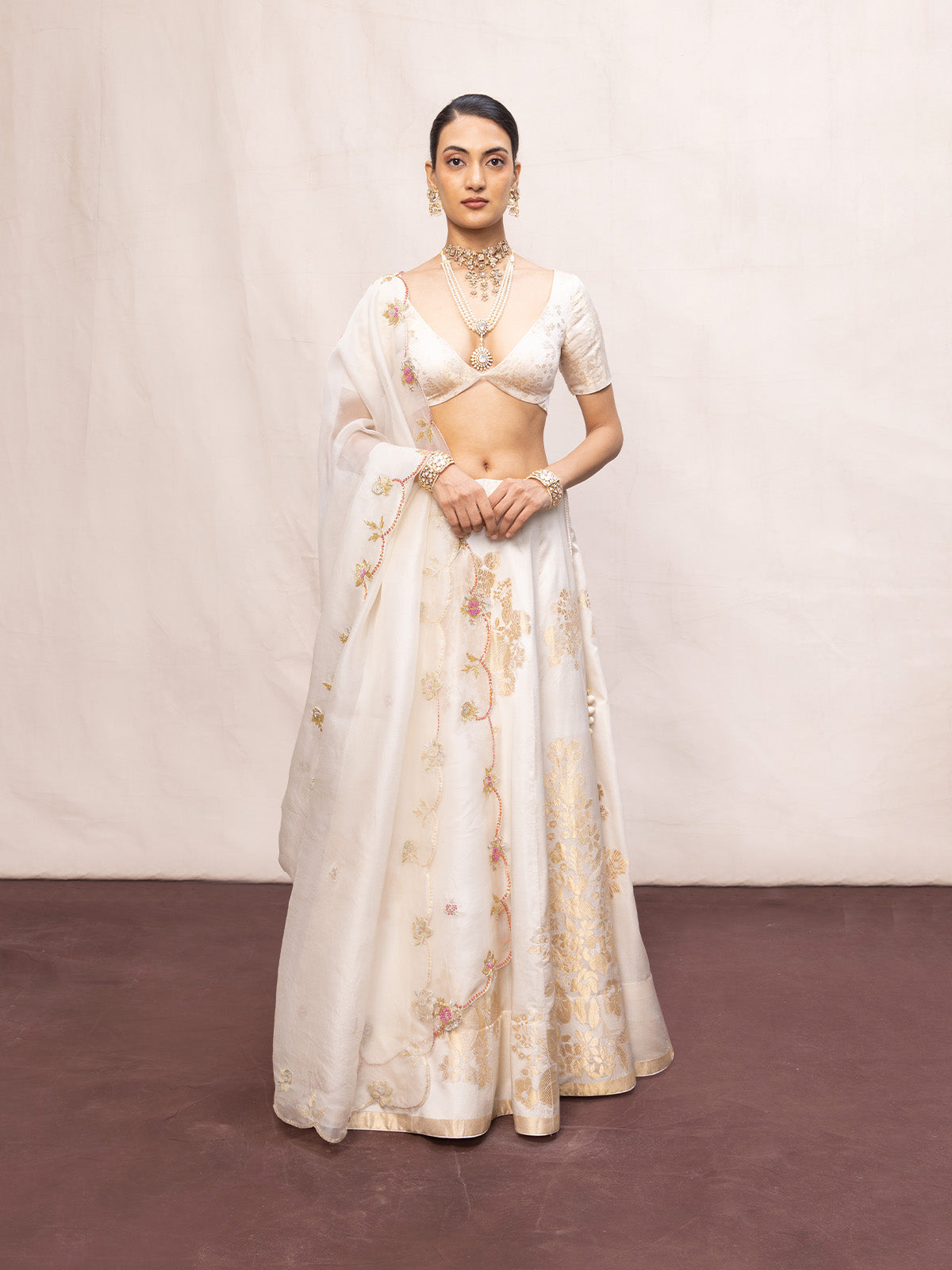 Handwoven Off-White Satin Lehenga Set
