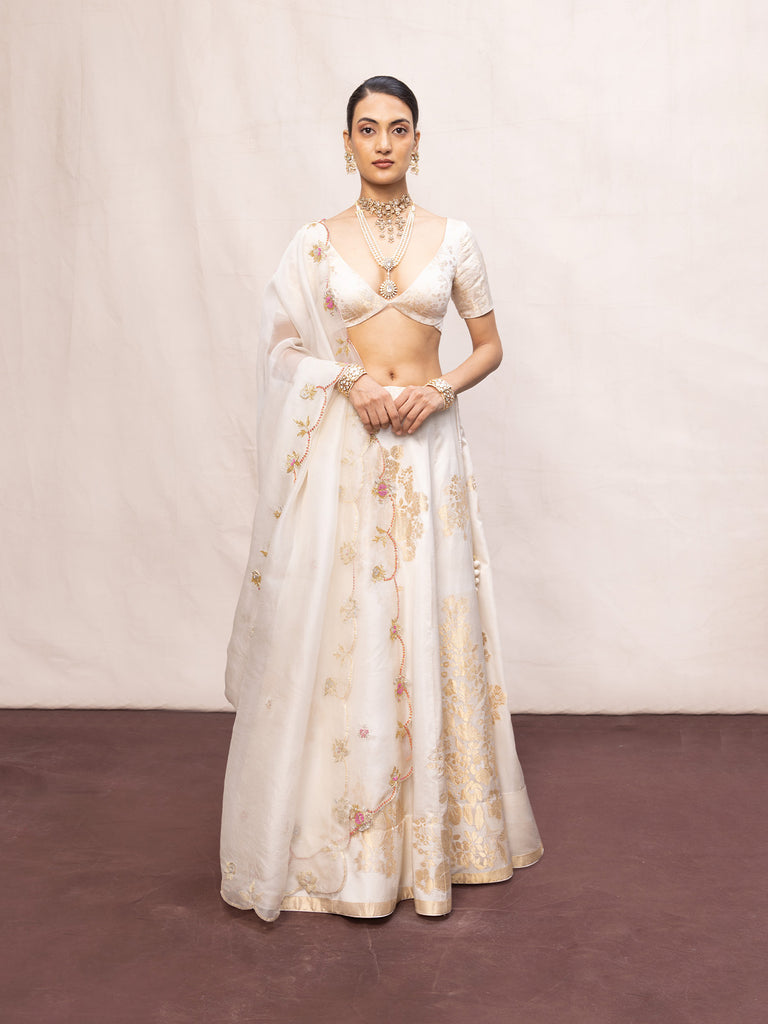 Handwoven Off-White Satin Lehenga Set