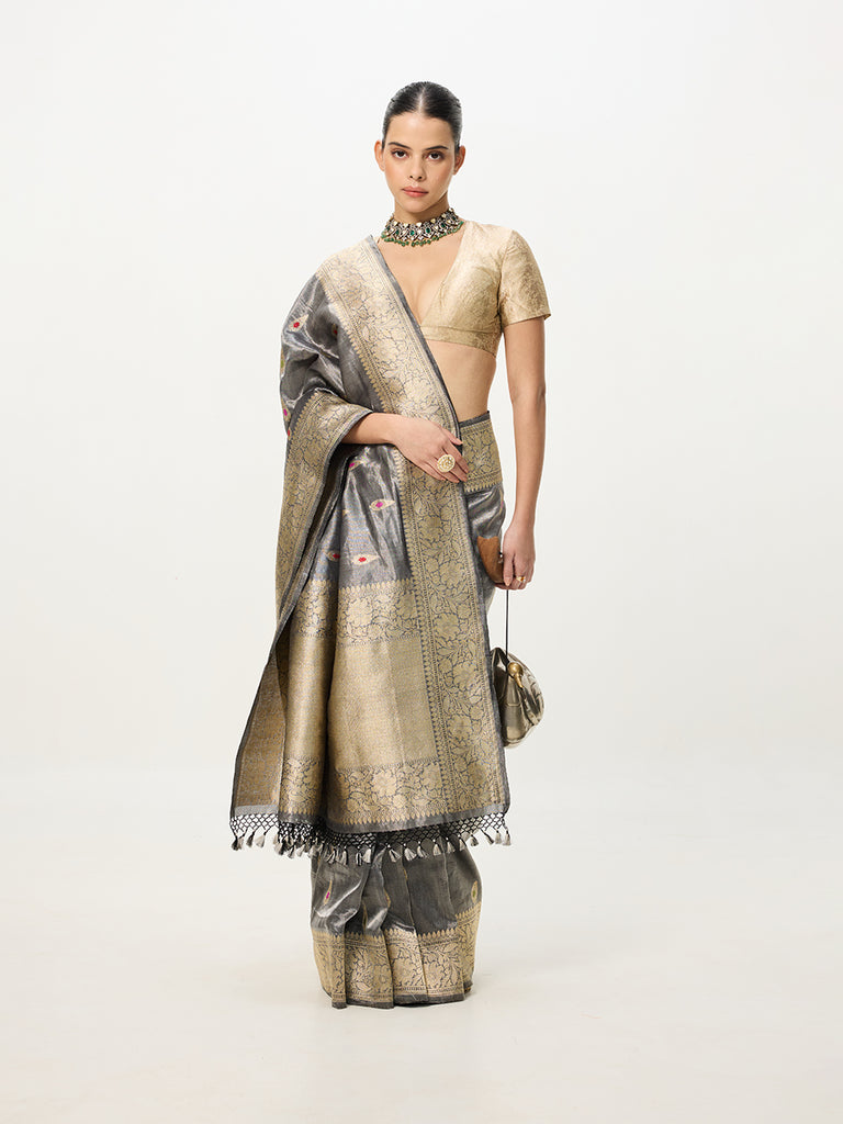 Handwoven Grey Cutwork Banarasi Saree