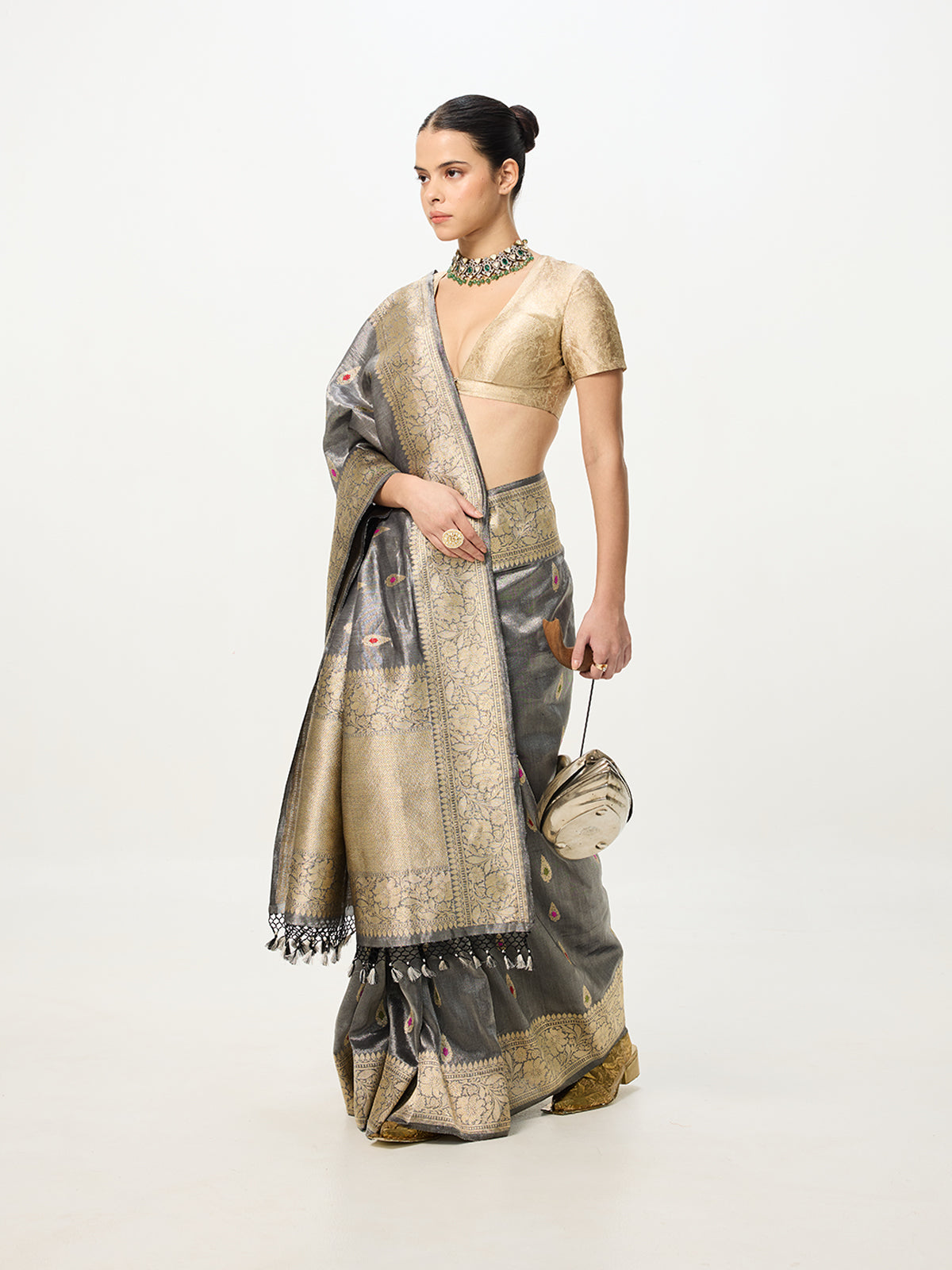 Handwoven Grey Cutwork Banarasi Saree