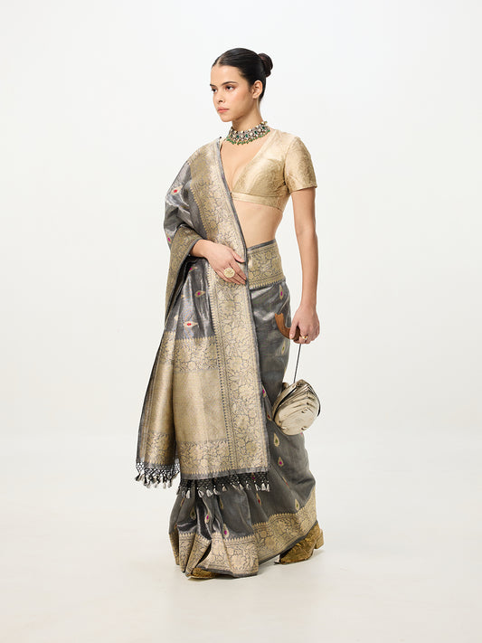 Handwoven Grey Cutwork Banarasi Saree