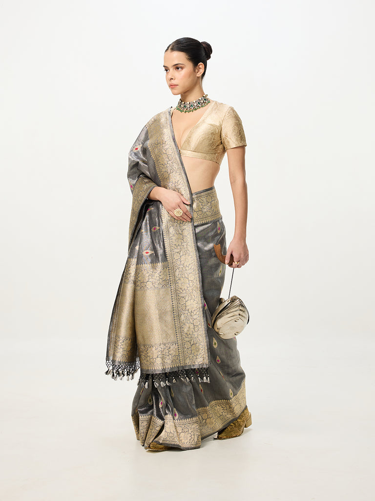 Handwoven Grey Cutwork Banarasi Saree