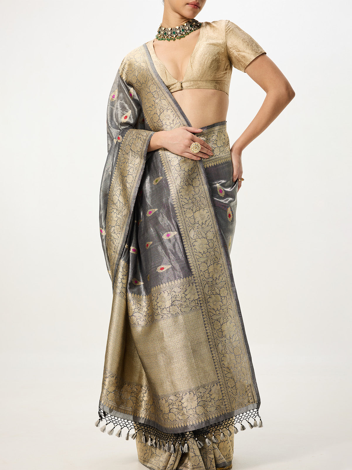 Handwoven Grey Cutwork Banarasi Saree
