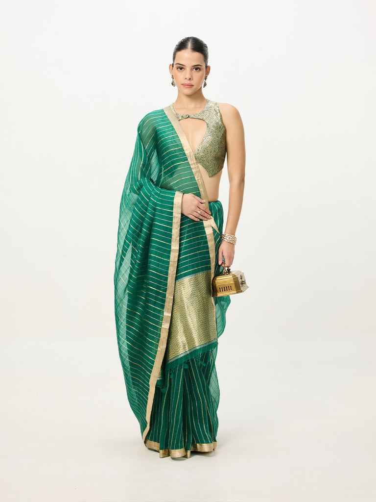 Handwoven Dark Green Cutwork Banarasi Saree