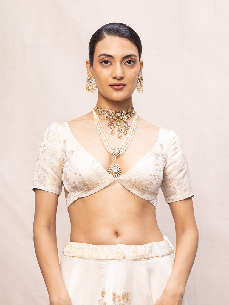 Handwoven Off-White Satin Lehenga Set