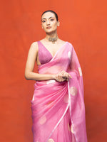 Handwoven Coral Pink Kora Banarasi Saree