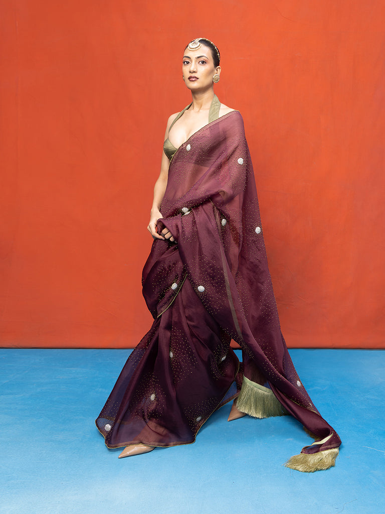Handwoven Wine Kora Banarasi Saree